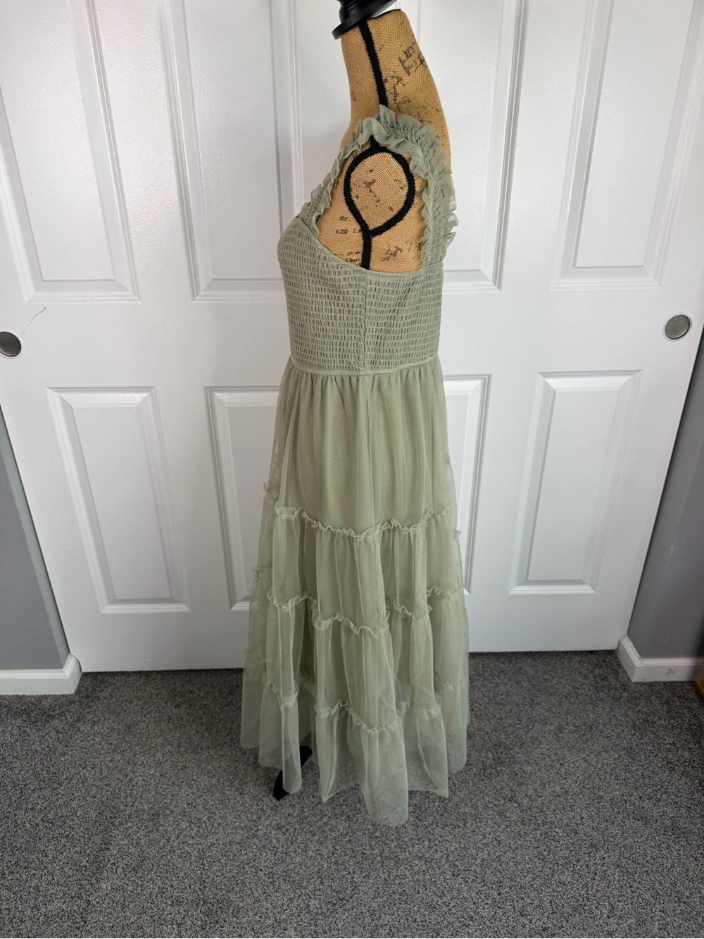 PrettyGarden Sage Green Smocked Tiered Maxi Dress Size L Ruffle Strap NWOT - Picture 9 of 11